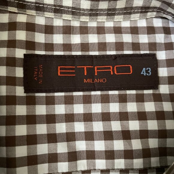 Etro Men's 100% Cotton Brown White Checkered Plaid Shirt-Sz.43 (XL) - Picture 2 of 10